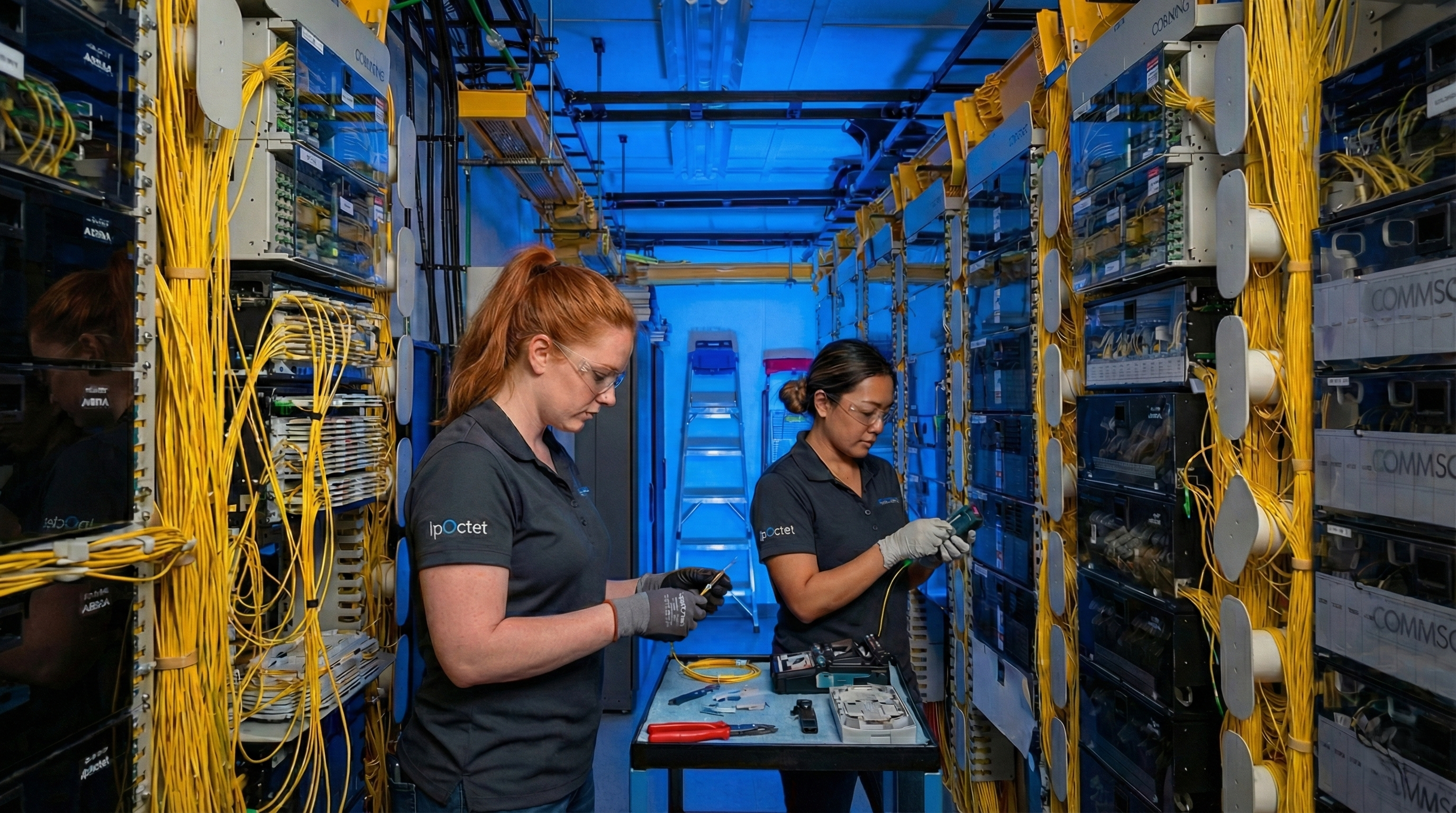 Illustrative network technicians inspecting patch cabling in an equipment aisle