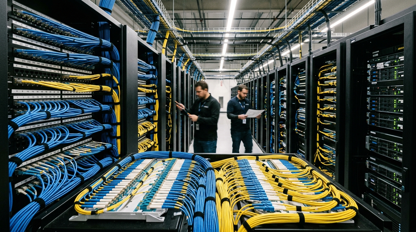 Illustrative dressed copper and fiber cabling in an enterprise equipment room