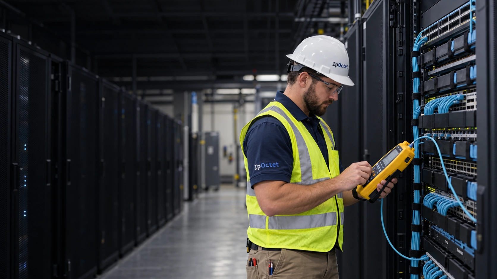 Illustrative rack field installation with branded IpOctet uniforms and white hard hats