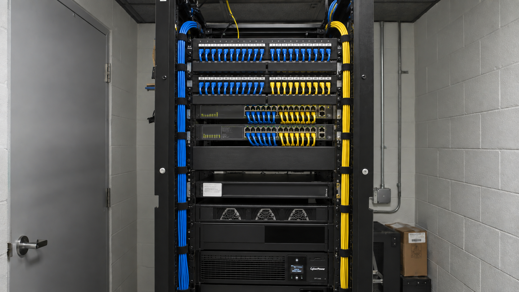 Illustrative network closet after cable dressing, with clear labels and organized patch leads