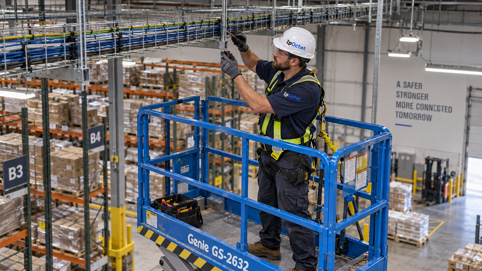 Illustrative IpOctet field technician inspecting an overhead cable basket from a guarded scissor lift in a warehouse