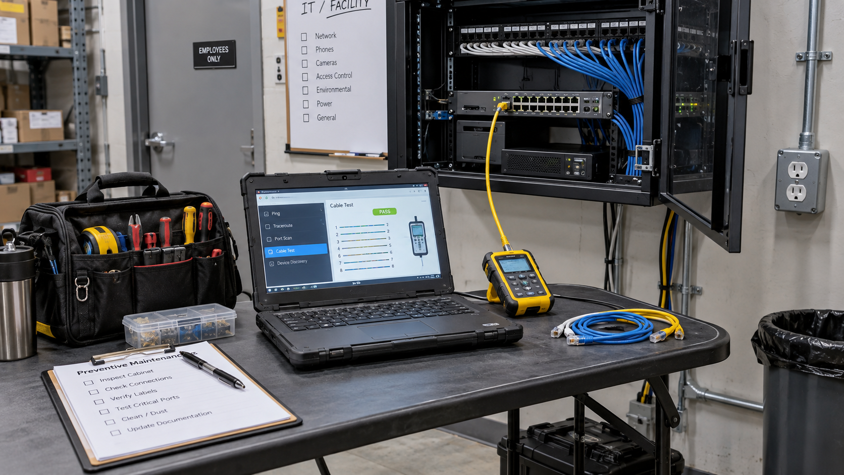 Illustrative onsite network maintenance workspace with a service laptop, cable tester and hand tools